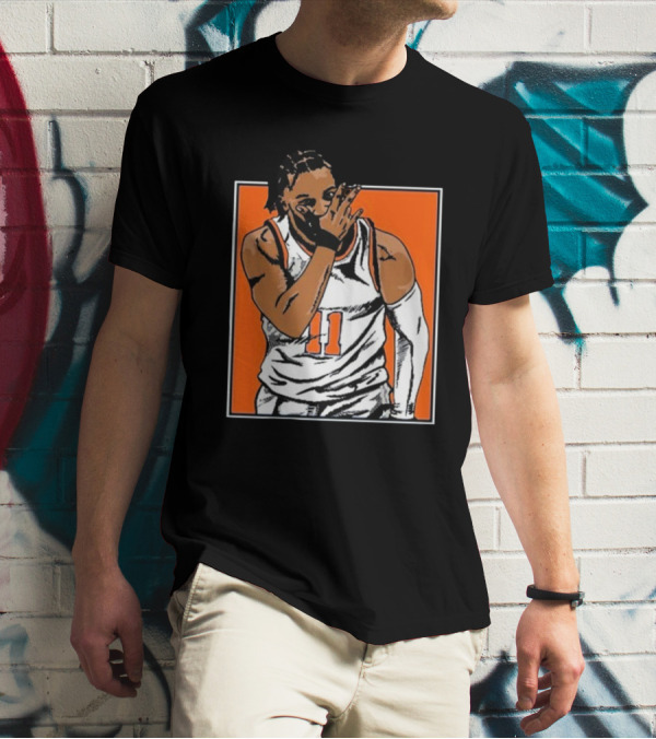 Jalen Brunson Number 11 Knicks Celebration Gesture Orange Background T-Shirt