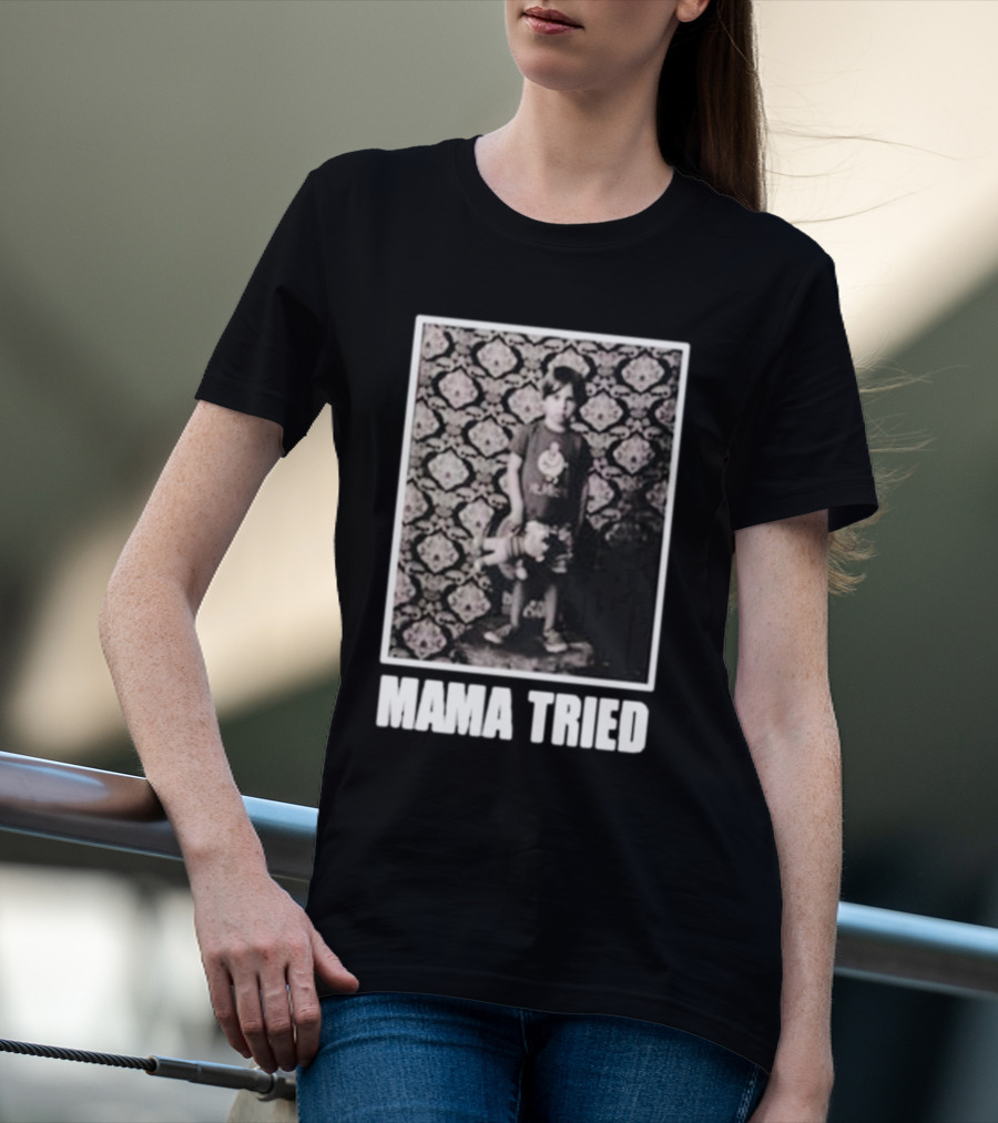 James Clark Mama Tried Child Holding Teddy On Abstract Wallpaper T-Shirt
