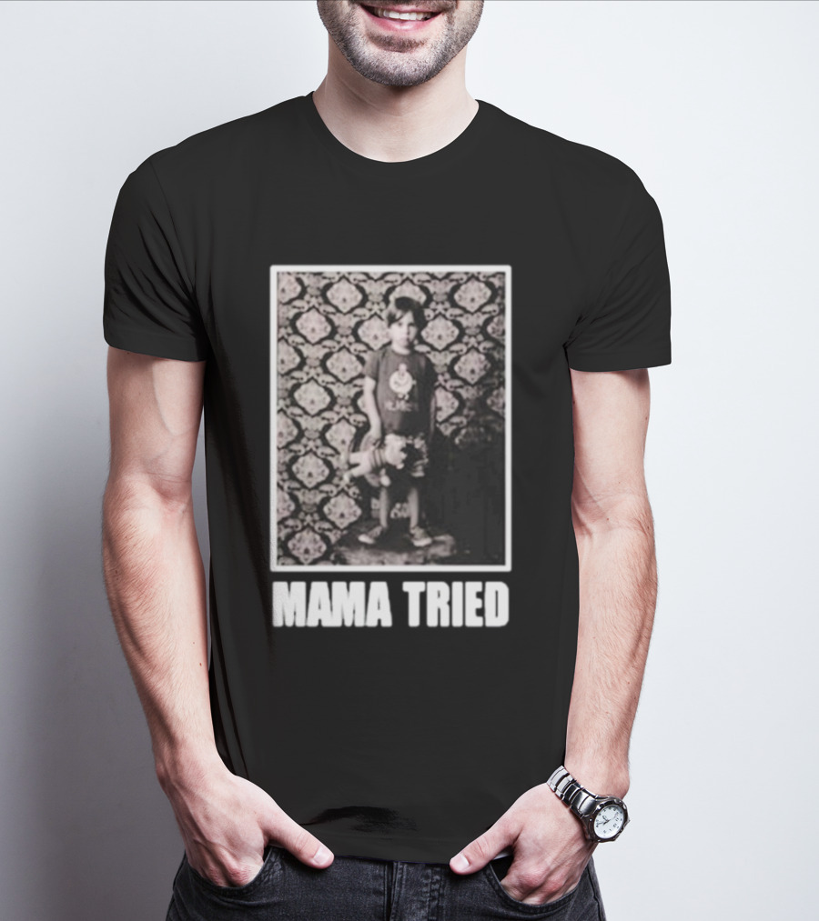 James Clark Mama Tried Child Holding Teddy On Abstract Wallpaper T-Shirt