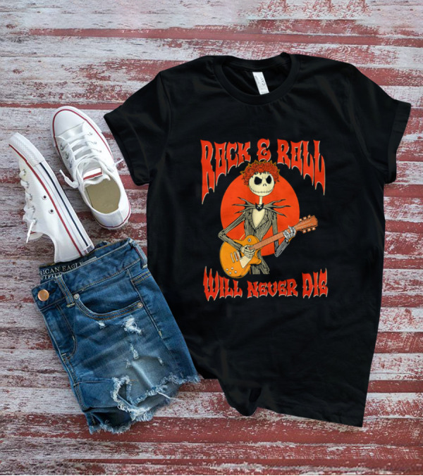 Rock And Roll Will Never Die Jack Skellington Playing Guitar T-Shirt