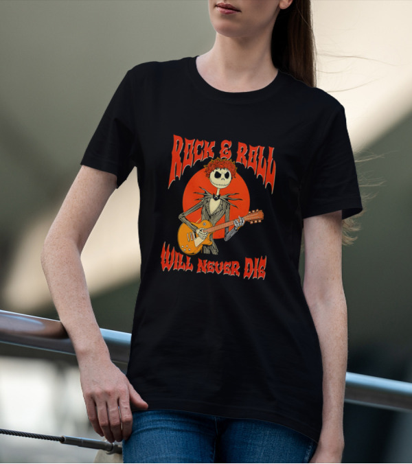 Rock And Roll Will Never Die Jack Skellington Playing Guitar T-Shirt