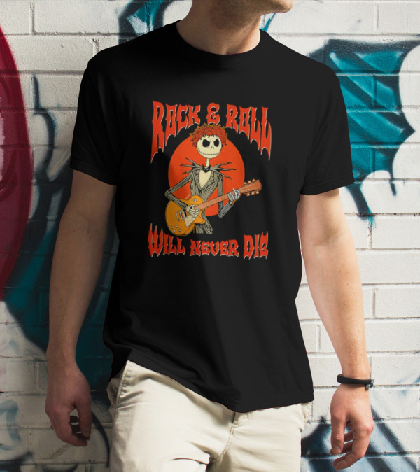 Rock And Roll Will Never Die Jack Skellington Playing Guitar T-Shirt