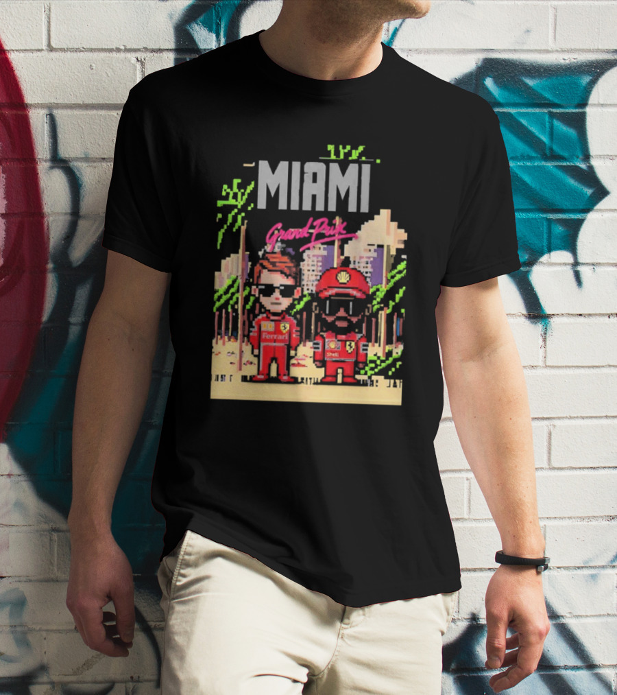 Lewis Hamilton Charles Leclerc Ferrari Team Pixel Style Miami Grand Prix 2025 T-Shirt