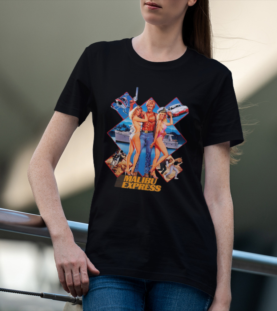 Malibu Express Action Movie 1985 Art With Yacht And Helicopter T-Shirt