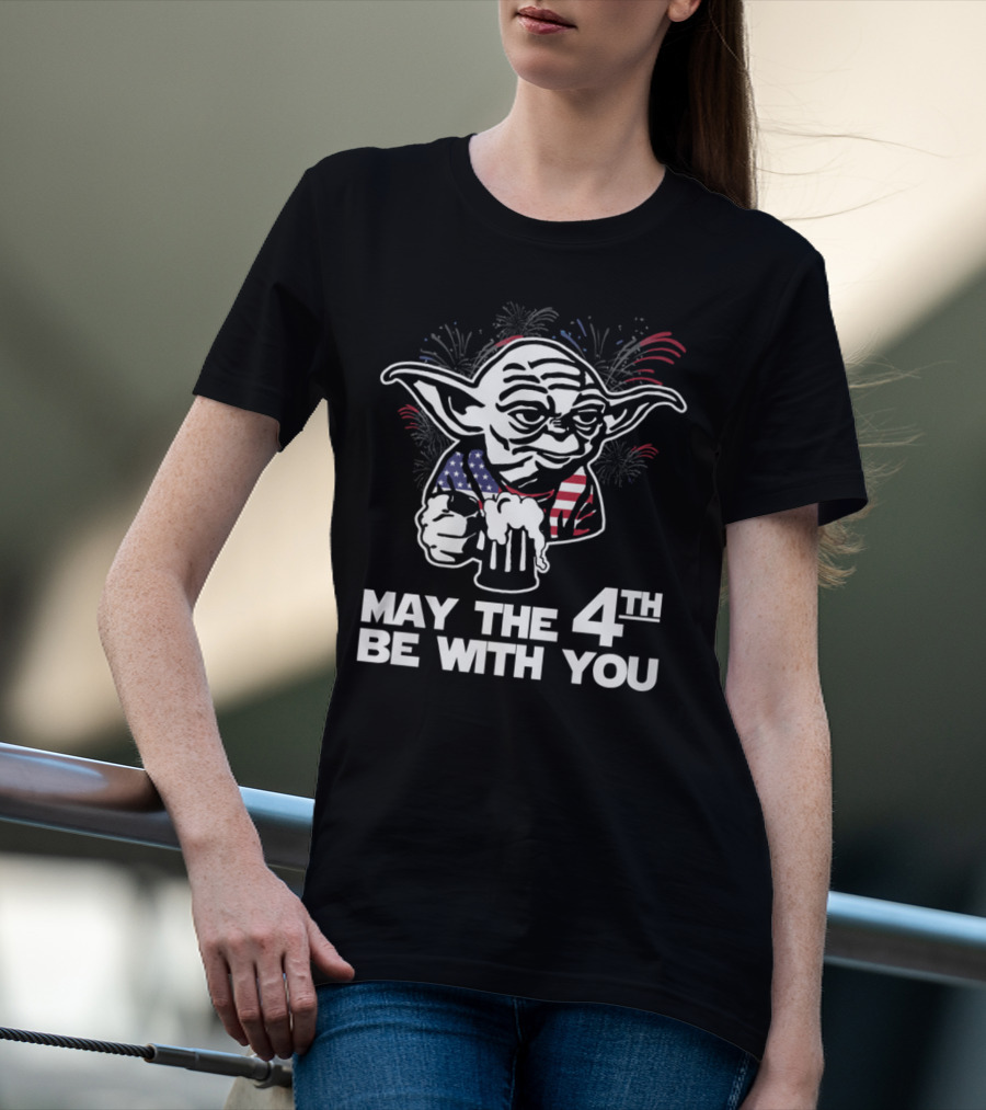 May The 4th Be With You Yoda American Flag Fireworks T-Shirt