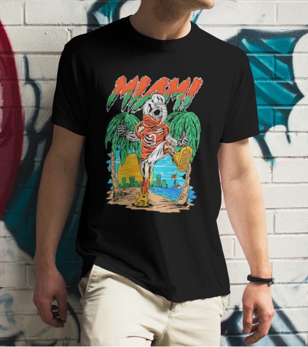 Miami Hurricanes Sebastian The Ibis Palm Trees Cityscape Sunrise T-Shirt