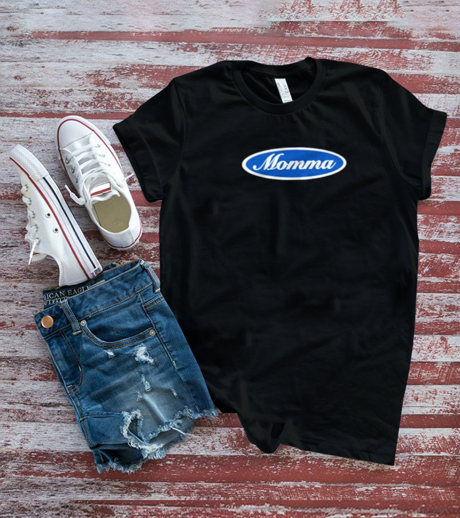 Momma Blue Oval White Script Text T-Shirt