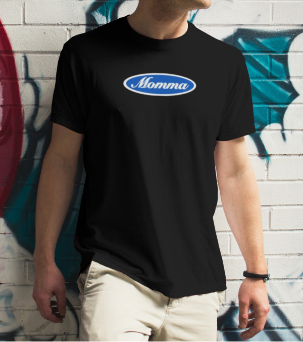 Momma Blue Oval White Script Text T-Shirt