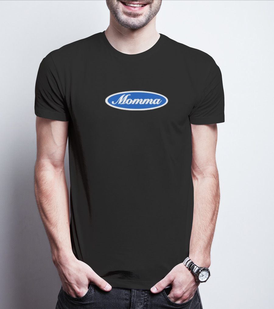 Momma Blue Oval White Script Text T-Shirt