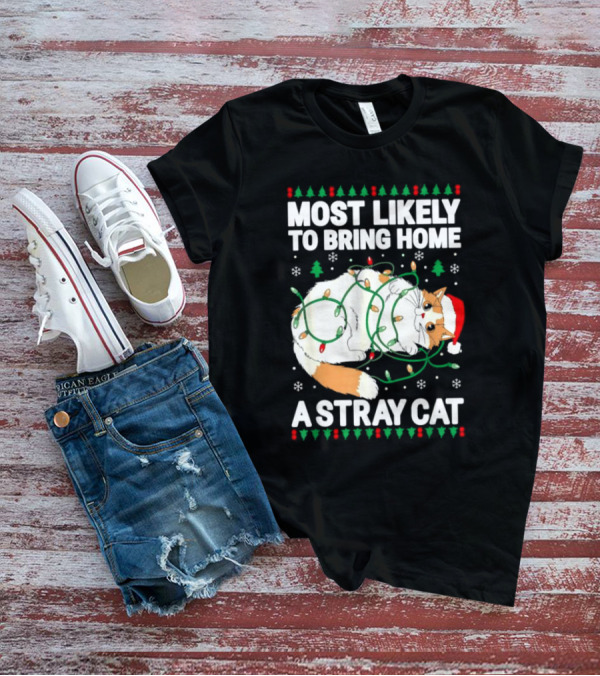 Most Likely To Bring Home A Stray Cat Christmas Lights Santa Hat Festive Holiday Cat T-Shirt