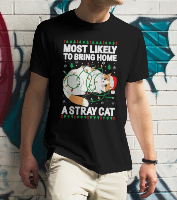 Most Likely To Bring Home A Stray Cat Christmas Lights Santa Hat Festive Holiday Cat T-Shirt