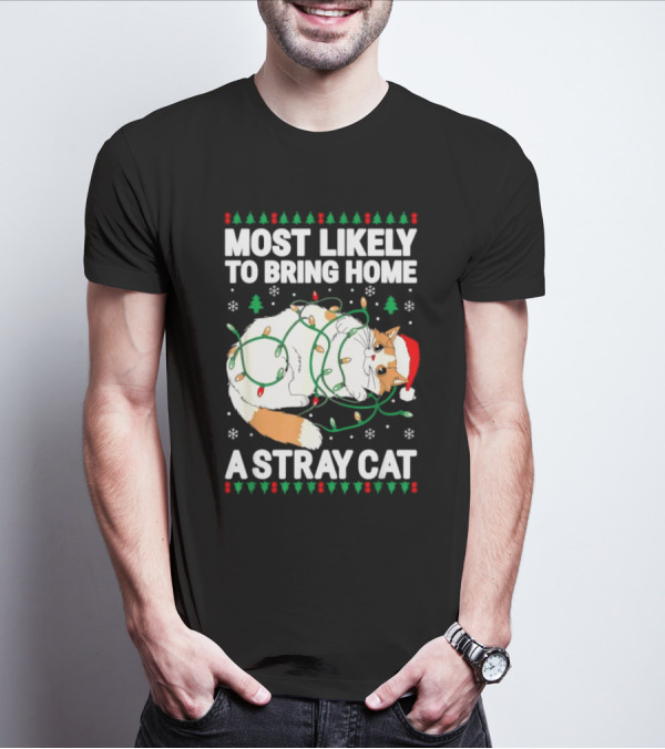 Most Likely To Bring Home A Stray Cat Christmas Lights Santa Hat Festive Holiday Cat T-Shirt