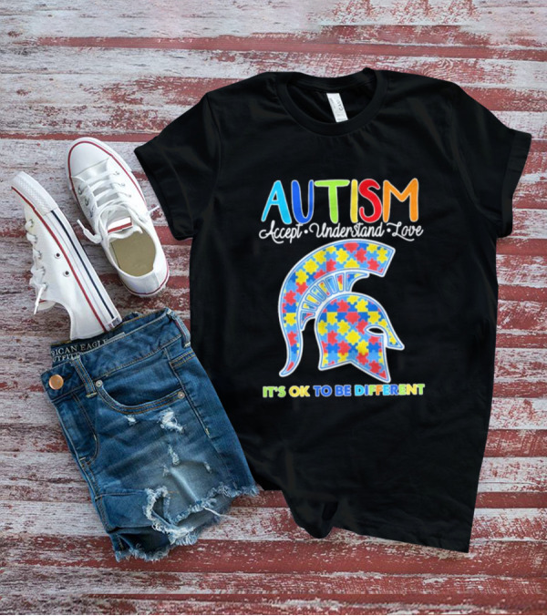 Autism Accept Understand Love It's OK To Be Different Puzzle Pattern Spartan Helmet T-Shirt
