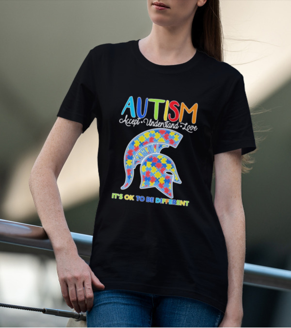 Autism Accept Understand Love It's OK To Be Different Puzzle Pattern Spartan Helmet T-Shirt
