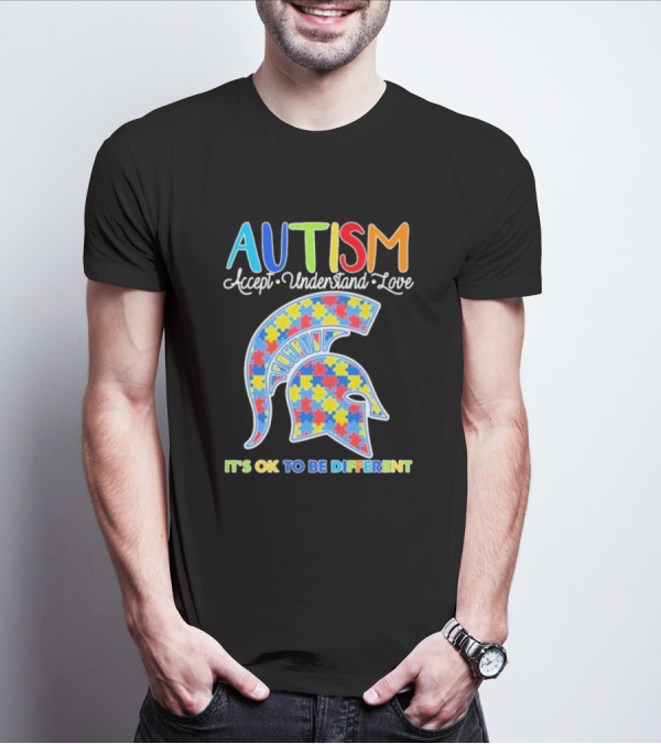 Autism Accept Understand Love It's OK To Be Different Puzzle Pattern Spartan Helmet T-Shirt