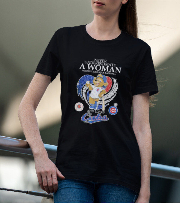 Never Underestimate A Woman Who Understands Baseball And Loves Cubs Chicago Mascot Clark Diamond Heart T-Shirt