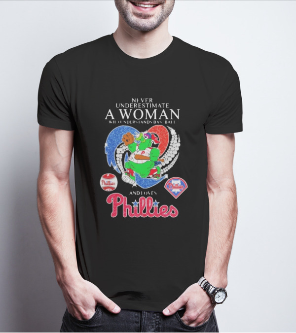 Never Underestimate A Woman Who Understands Baseball And Loves Phillies Mascot Diamond Heart T-Shirt