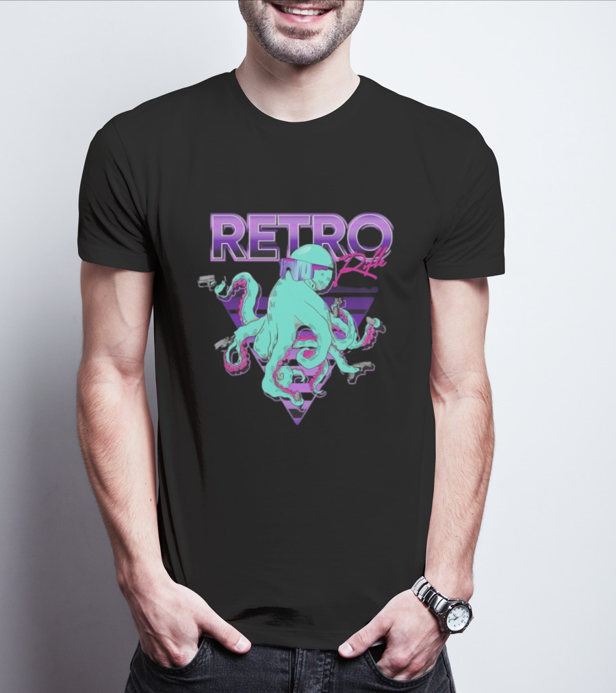 Retro Rifle Octoglock Neon Octopus With Guns And Sunglasses T-Shirt