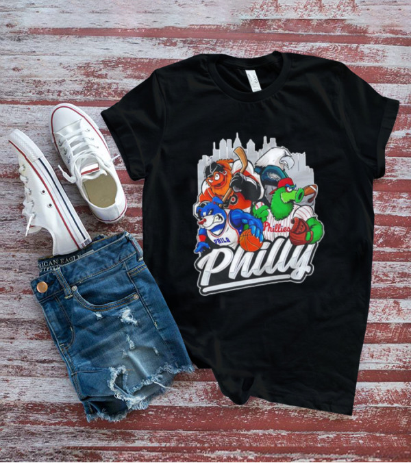 Philly Sports Mascots Basketball Baseball Hockey City Skyline T-Shirt