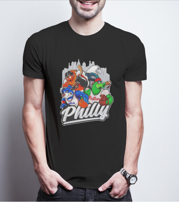 Philly Sports Mascots Basketball Baseball Hockey City Skyline T-Shirt