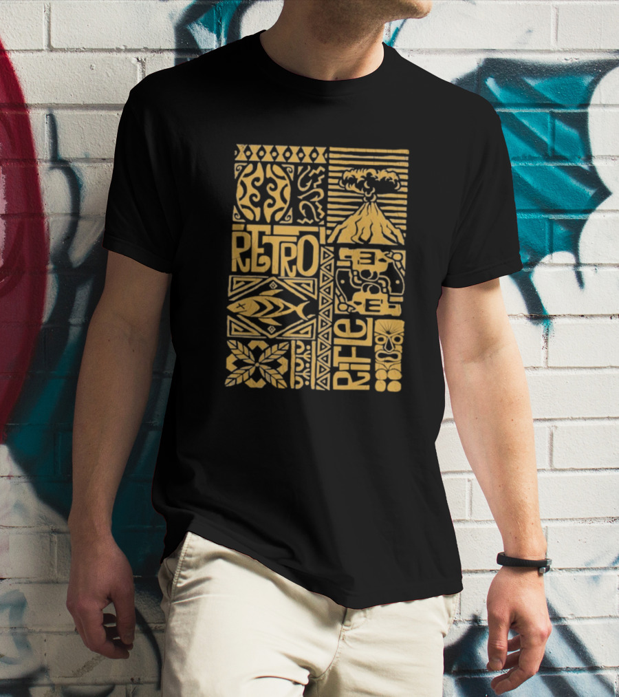 Retro Rifle Lei Em Down Pacific Island Tiki Volcano Palm Tree Ocean Waves Design T-Shirt