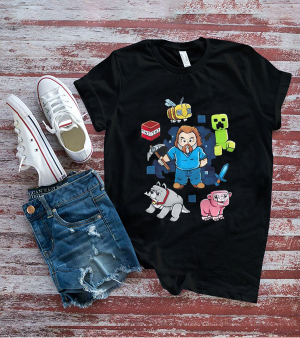Pixel World Game Character With Animals And Tools Skyblock Adventure T-Shirt