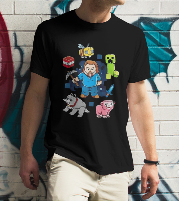 Pixel World Game Character With Animals And Tools Skyblock Adventure T-Shirt