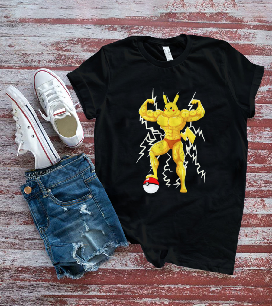 Muscled Pikachu Pumpachu With Lightning And Poké Ball T-Shirt