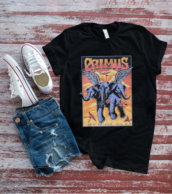 Primus Event Show F4D Studios May 1 2025 Tulsa BOK Center Winged Blue Elephants And Orange Sky Art T-Shirt