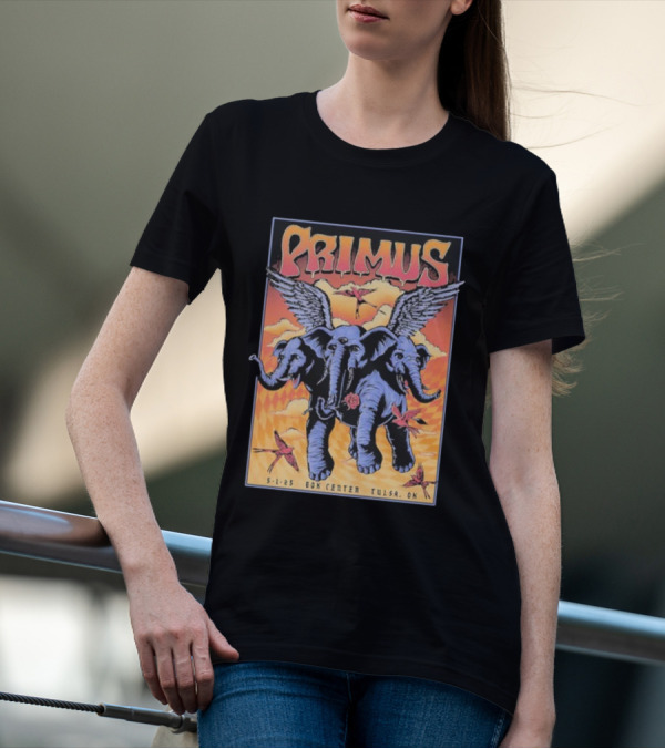 Primus Event Show F4D Studios May 1 2025 Tulsa BOK Center Winged Blue Elephants And Orange Sky Art T-Shirt