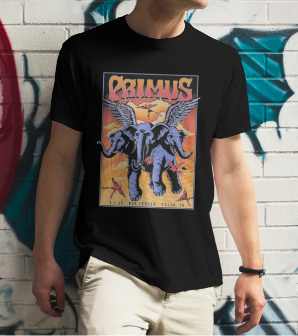Primus Event Show F4D Studios May 1 2025 Tulsa BOK Center Winged Blue Elephants And Orange Sky Art T-Shirt