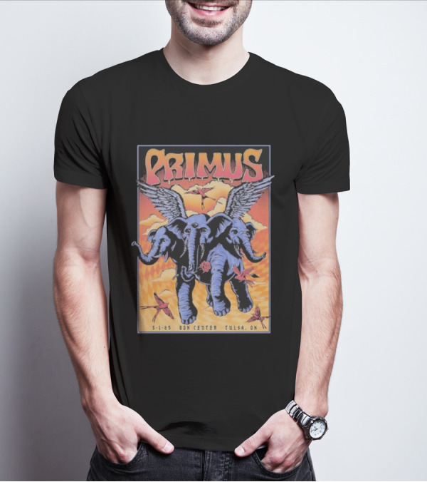 Primus Event Show F4D Studios May 1 2025 Tulsa BOK Center Winged Blue Elephants And Orange Sky Art T-Shirt