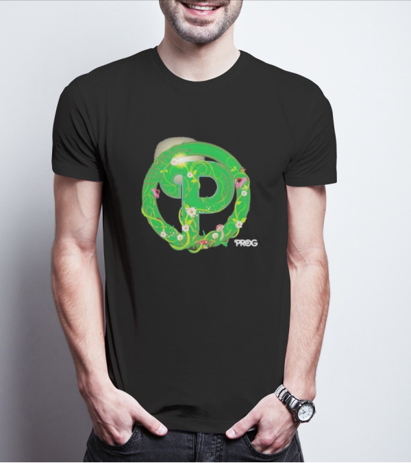 Prog Green Nature-Inspired Letter P With Flowers And Mushrooms T-Shirt