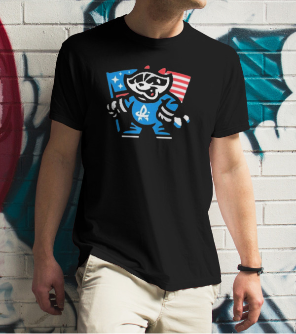 Rocket City Trash Pandas Mascot Holding American Flag And Rocket Logo T-Shirt