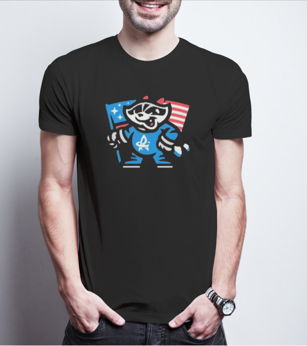 Rocket City Trash Pandas Mascot Holding American Flag And Rocket Logo T-Shirt