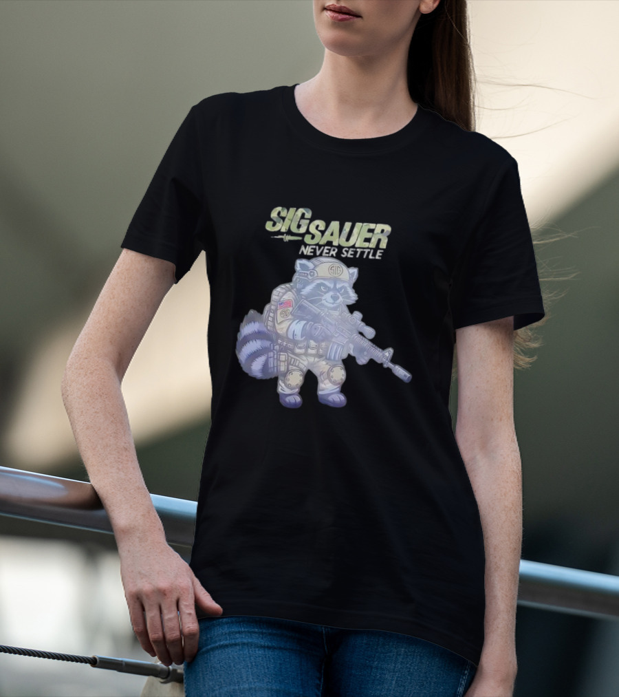 Raccoon Soldier Sig Sauer Never Settle Tactical Gear T-Shirt