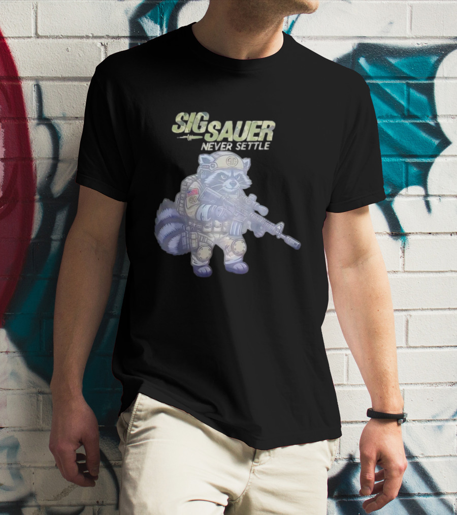Raccoon Soldier Sig Sauer Never Settle Tactical Gear T-Shirt