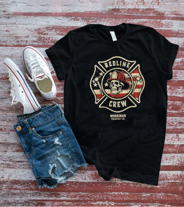 Redline Crew Workman Trading Co Skull Firefighter American Flag T-Shirt