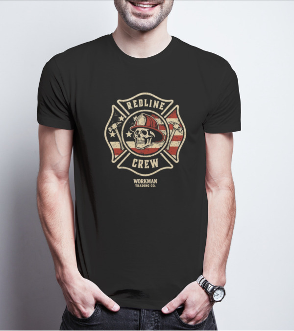 Redline Crew Workman Trading Co Skull Firefighter American Flag T-Shirt