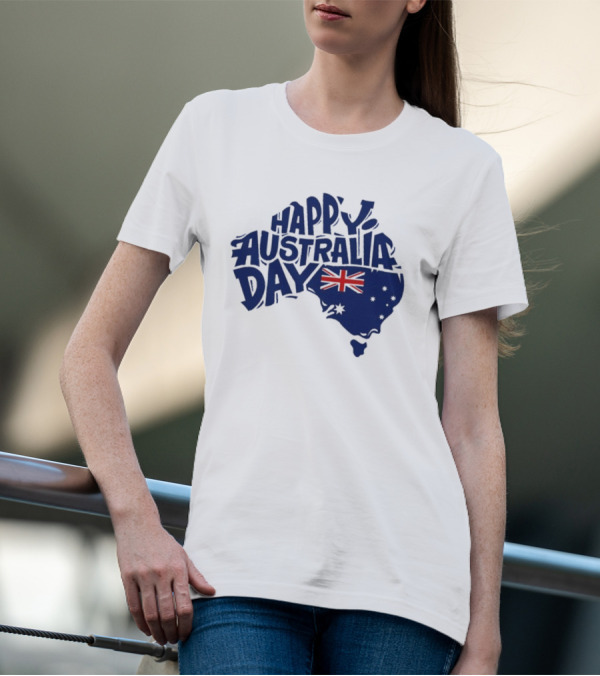 Happy Australia Day Map With Flag Inside Text T-Shirt