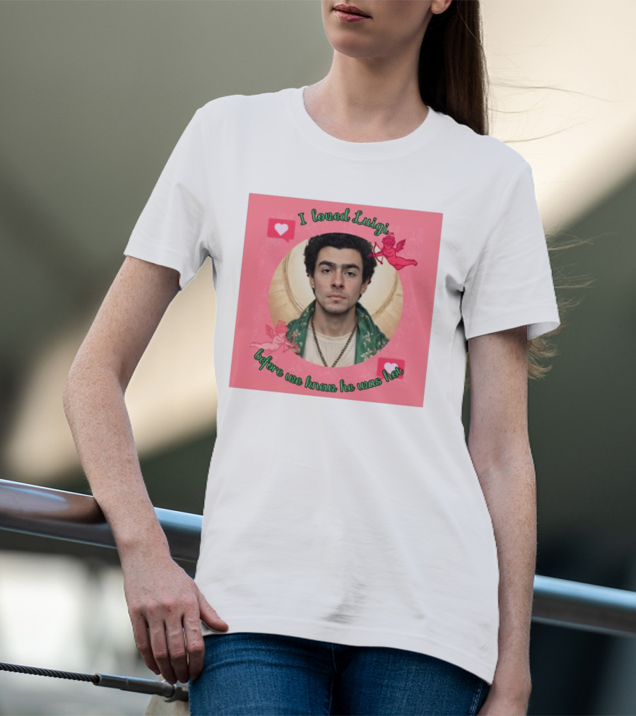 I Loved Luigi Before We Knew He Was Hot Pink Background Heart And Cupid Design T-Shirt