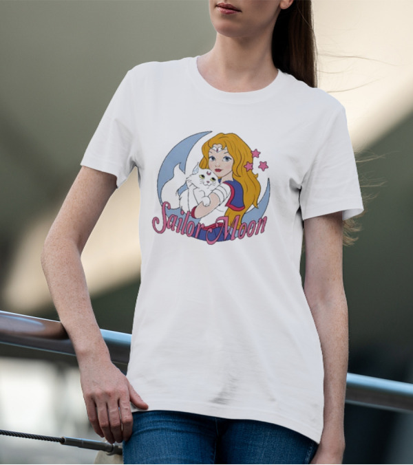 Sailor Moon Holding White Cat With Stars T-Shirt