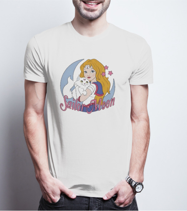 Sailor Moon Holding White Cat With Stars T-Shirt