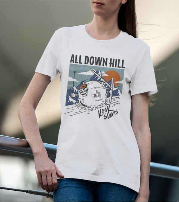 Kook Slams All Down Hill Skiing Adventure Orange Sunset Rugged Mountains T-Shirt