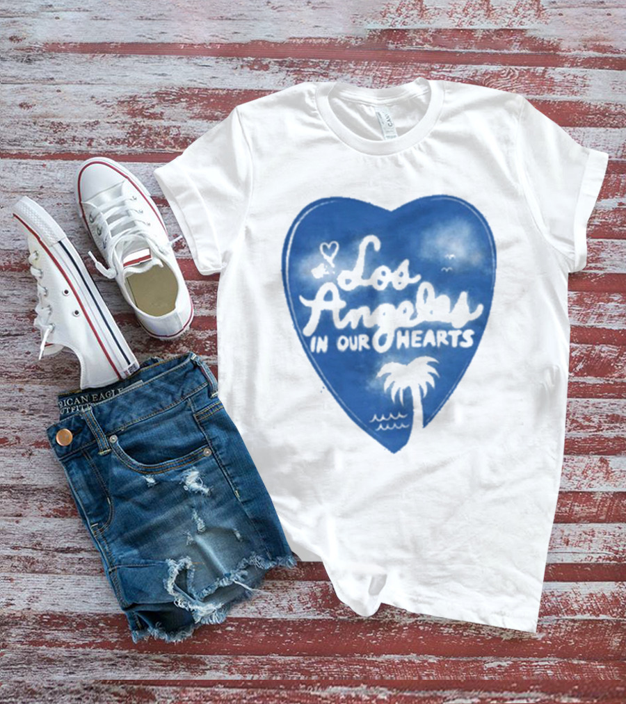 Los Angeles In Our Hearts Blue Heart With Palm Tree T-Shirt