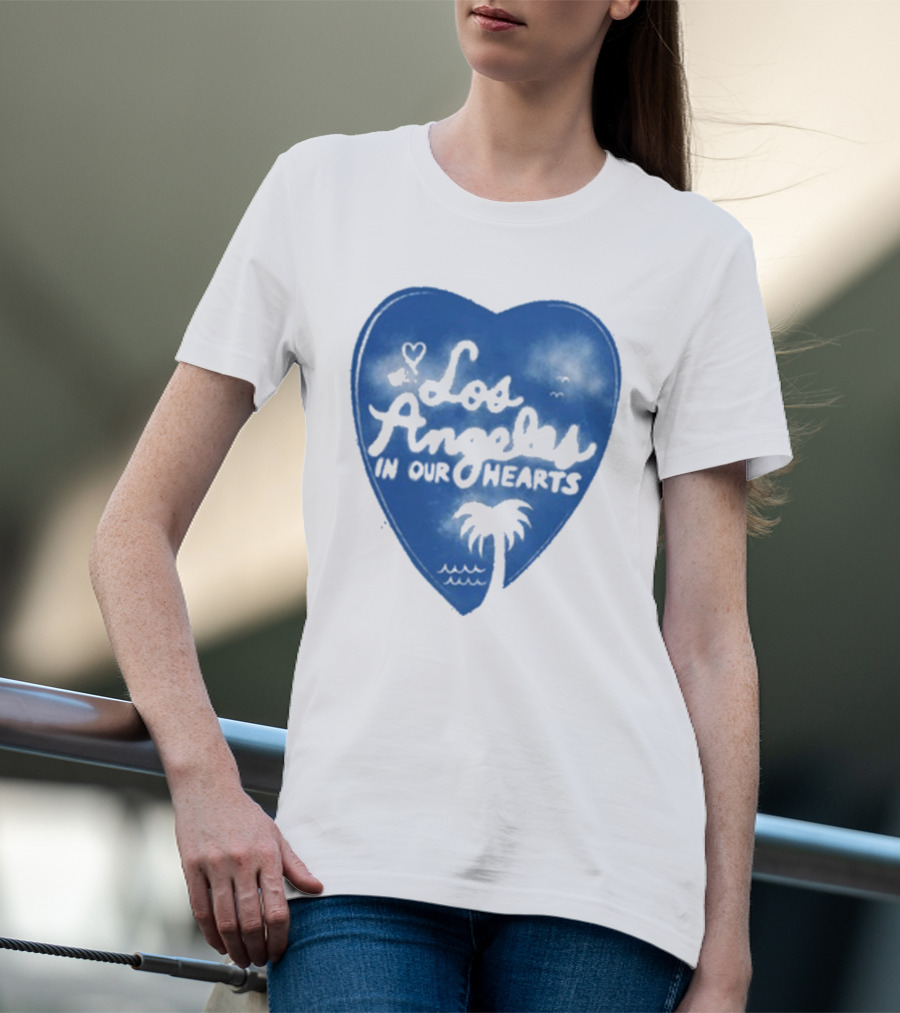 Los Angeles In Our Hearts Blue Heart With Palm Tree T-Shirt