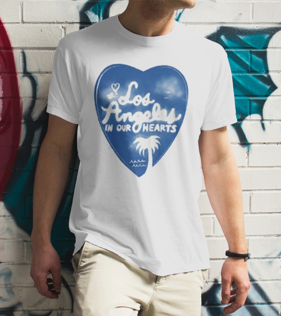Los Angeles In Our Hearts Blue Heart With Palm Tree T-Shirt