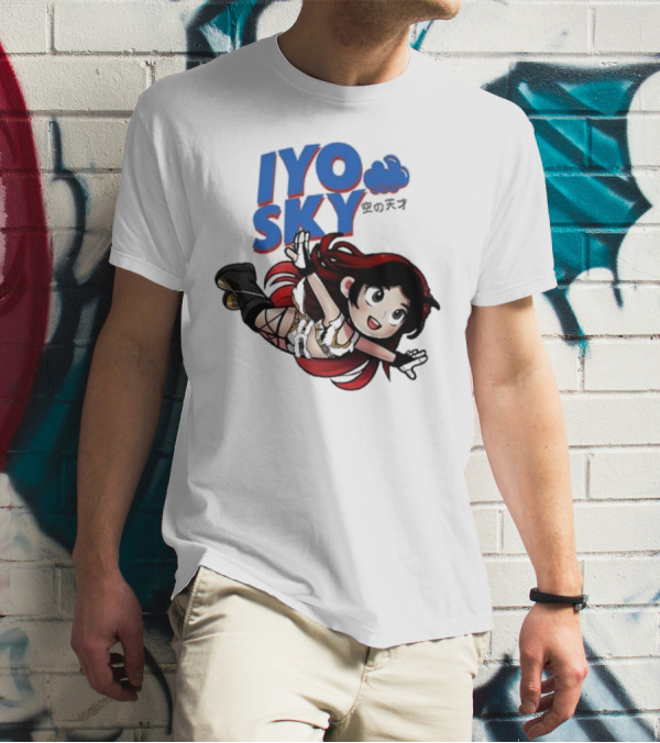 Iyo Sky Anime Character With Red And Black Hair Floating In The Clouds T-Shirt