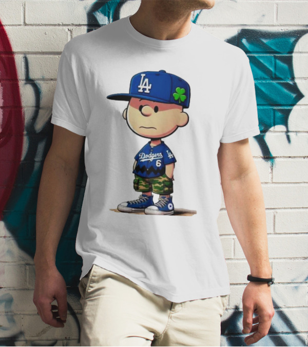 Los Angeles Dodgers Charlie Brown St. Patrick's Day LA Hat Clover Dodgers 6 Jersey T-Shirt