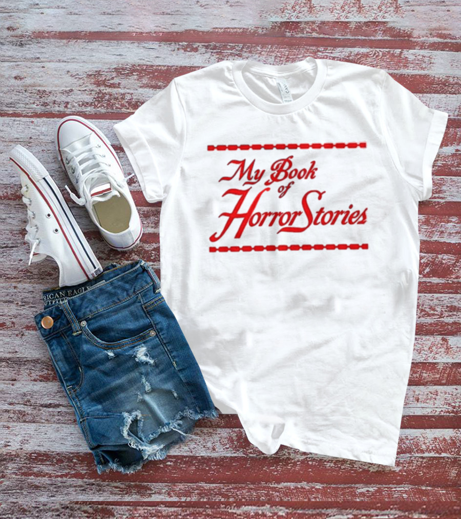 My Book Of Horror Stories Red Gothic Text With Chain Border T-Shirt